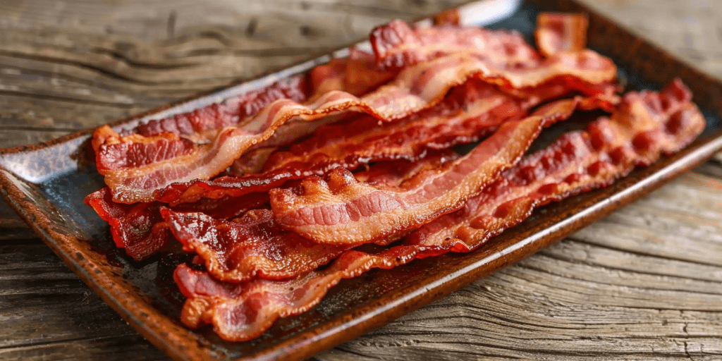 rectangular plate of cooked bacon