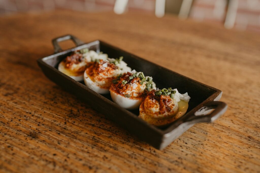 a plate of deviled eggs