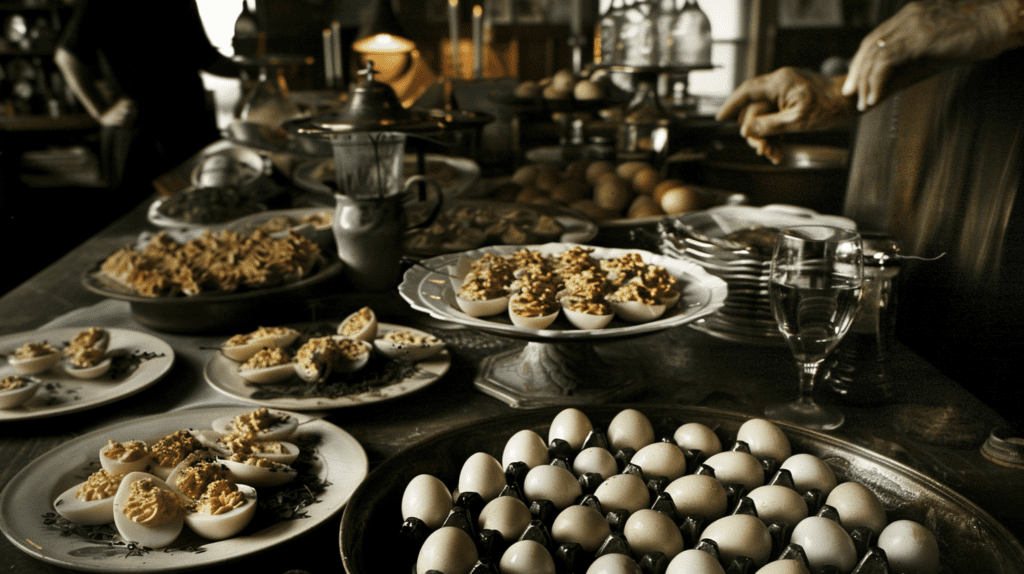 table full of deviled eggs