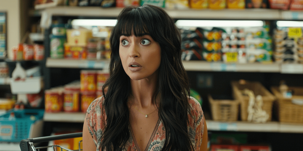 A woman in a grocery store, looking very confused