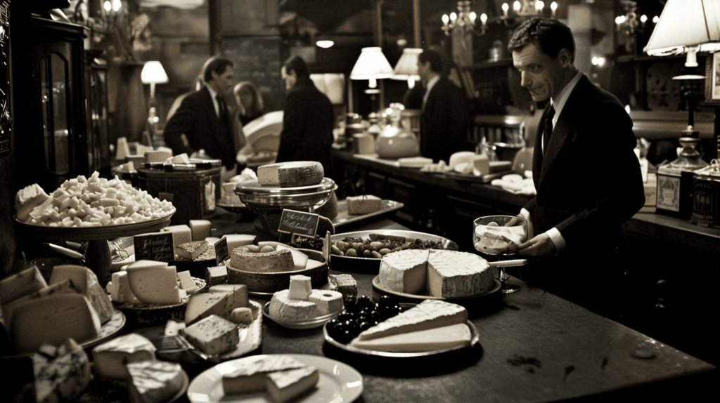 man standing next to table laden with different cheeses