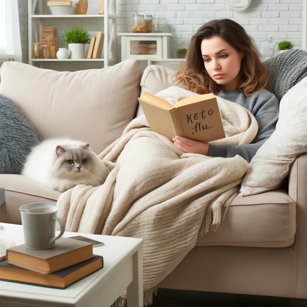 Woman resting on couch, wrapped up in blankets, reading a book about Keto Flu