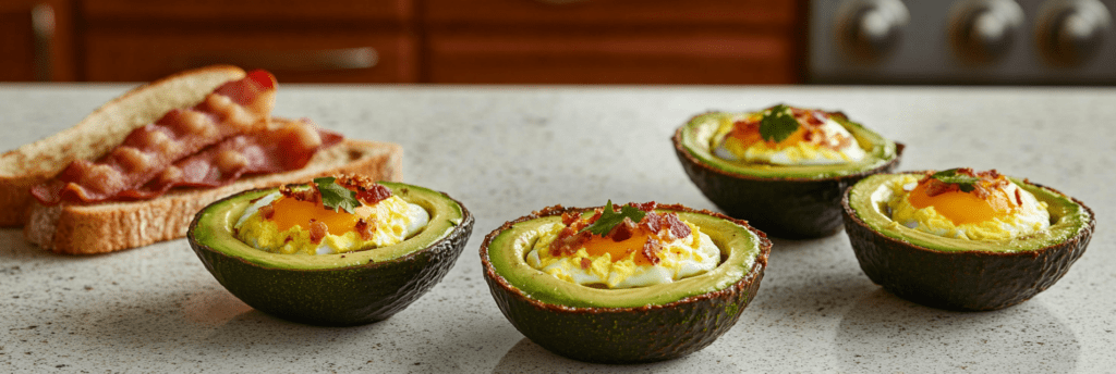 4 Avocado Egg Cups near toast and bacon on kitchen counter