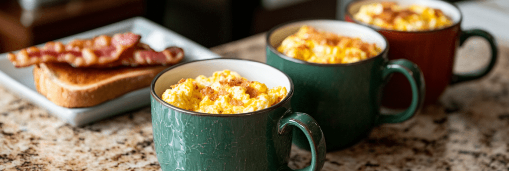 3 Cheesy Scramble Mugs on counter near a plate of toast and bacon