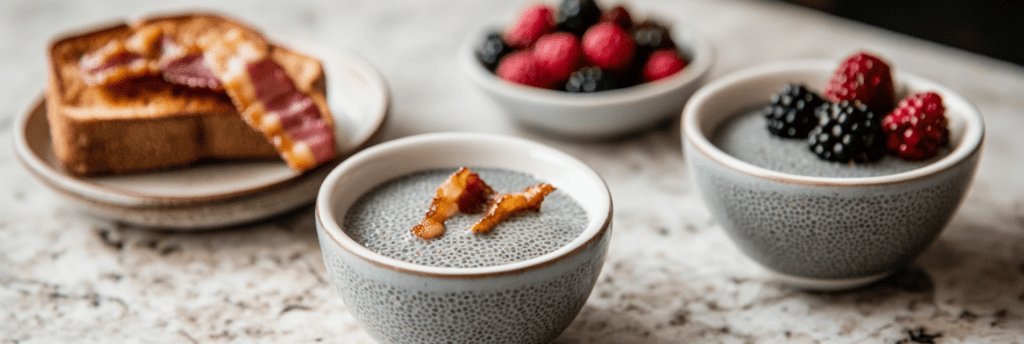 2 bowls of Keto Chia Seed Pudding, 1 bowl of berries, 1 plate of toast and bacon on kitchen counter