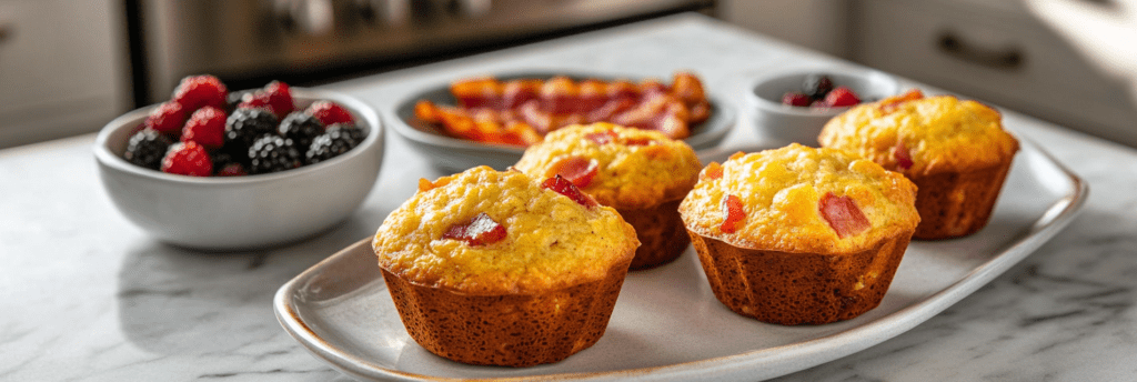 Keto Breakfast Muffins on counter with bowl of berries and a plate of bacon