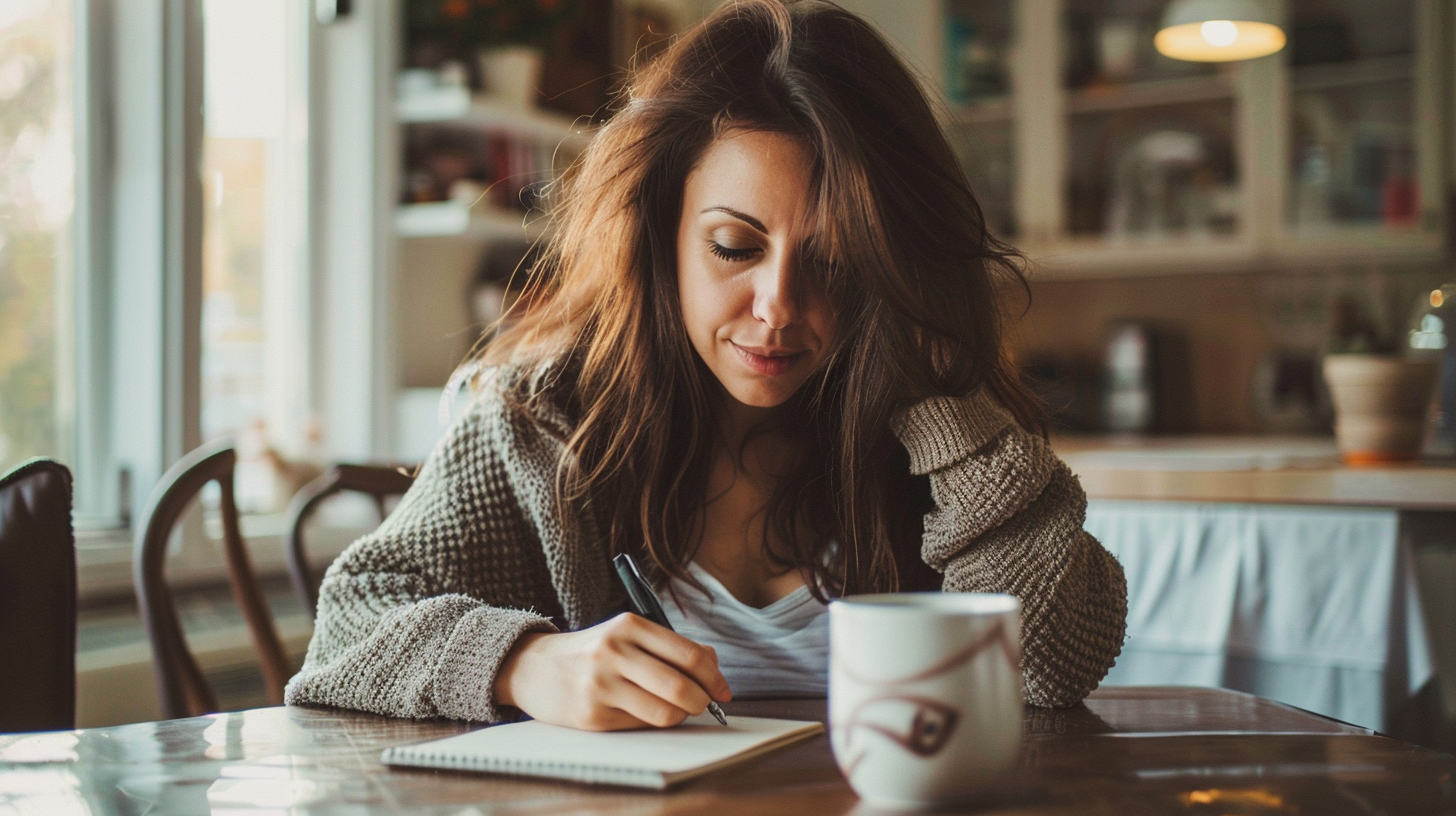 woman journaling while sitting in her kitchen