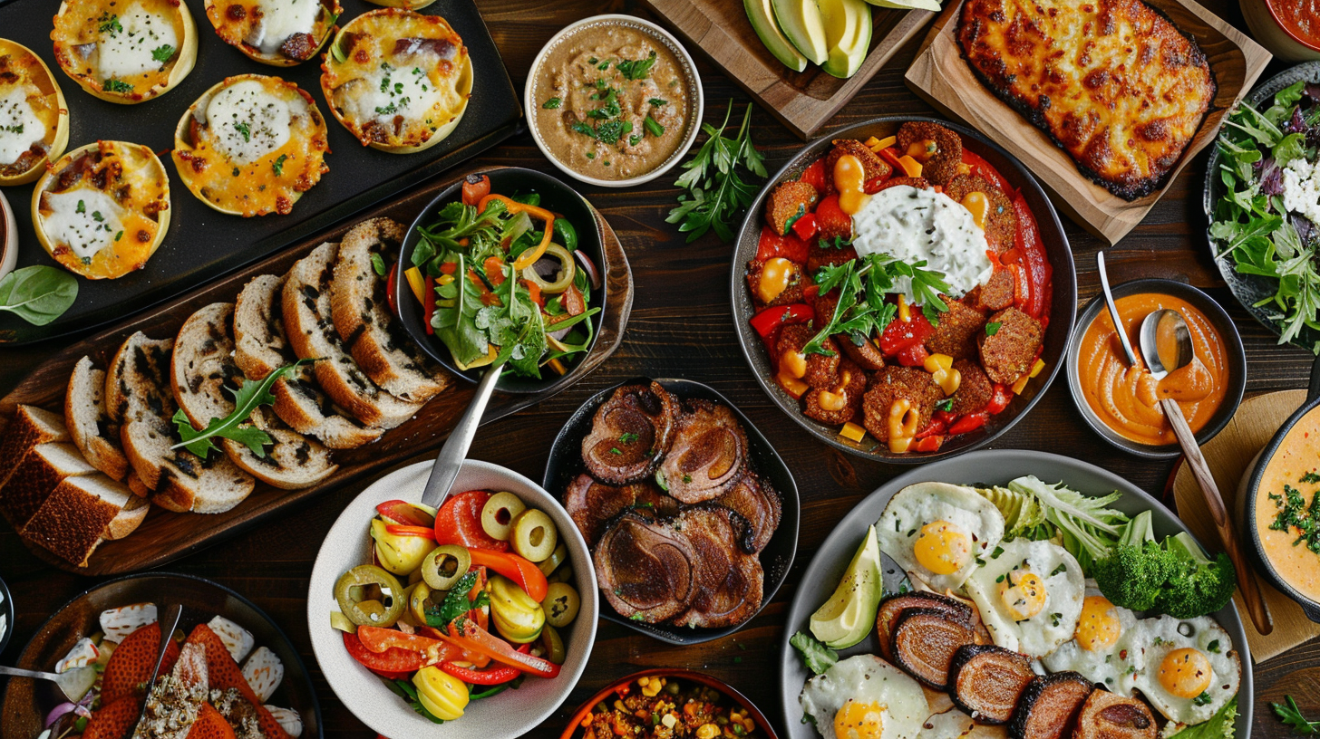 overhead shot of keto meals on a wooden table