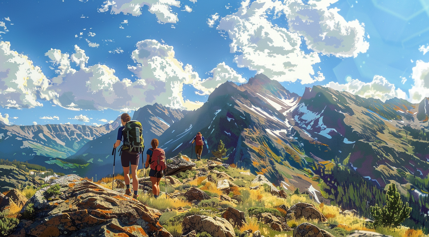 painting of 3 hikers on a mountain