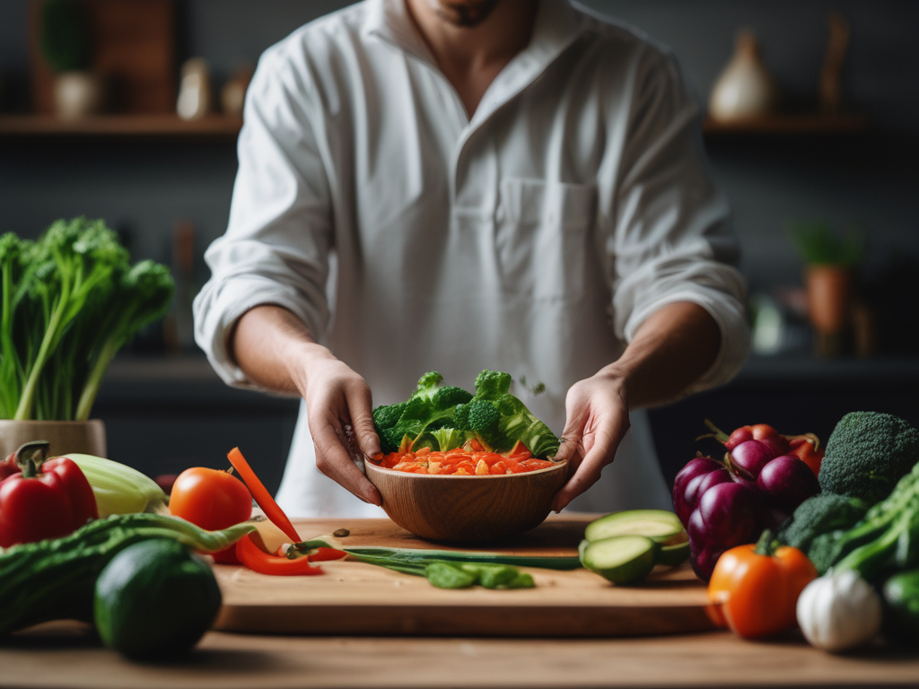 Chef in the kitchen, vegetables on the the chopping block table