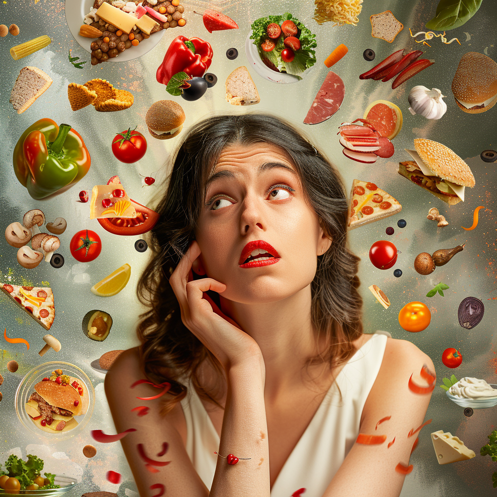 Woman looking confused, food items swirling all around her.