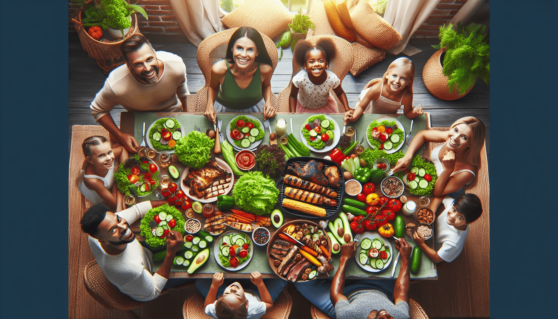 Overhead shot of a happy family gathered around a table heavy-laden with good food.