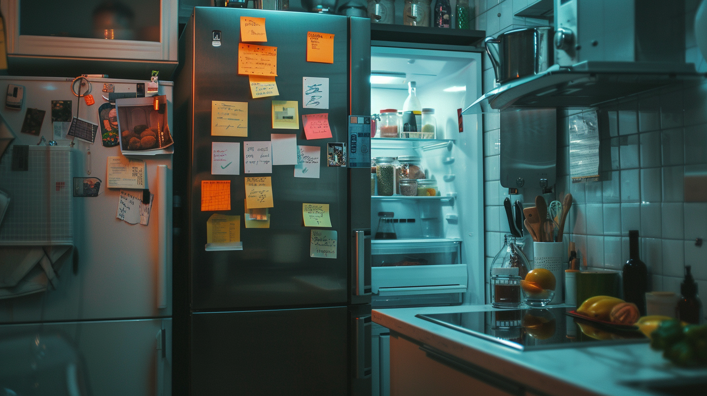 Refrigerator covered in sticky notes