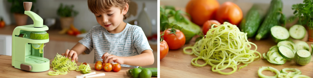 in the kitchen: my grandson and my spyralizer