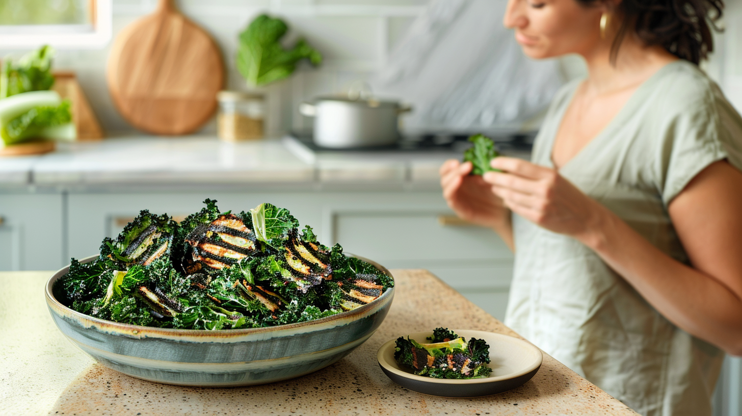 Woman in background eating kale chips, platter of kale chips in foreground