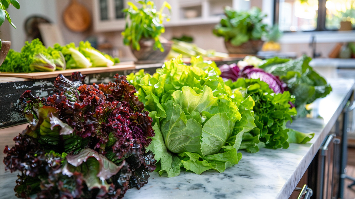 Row of different lettuces on a kitchen counter