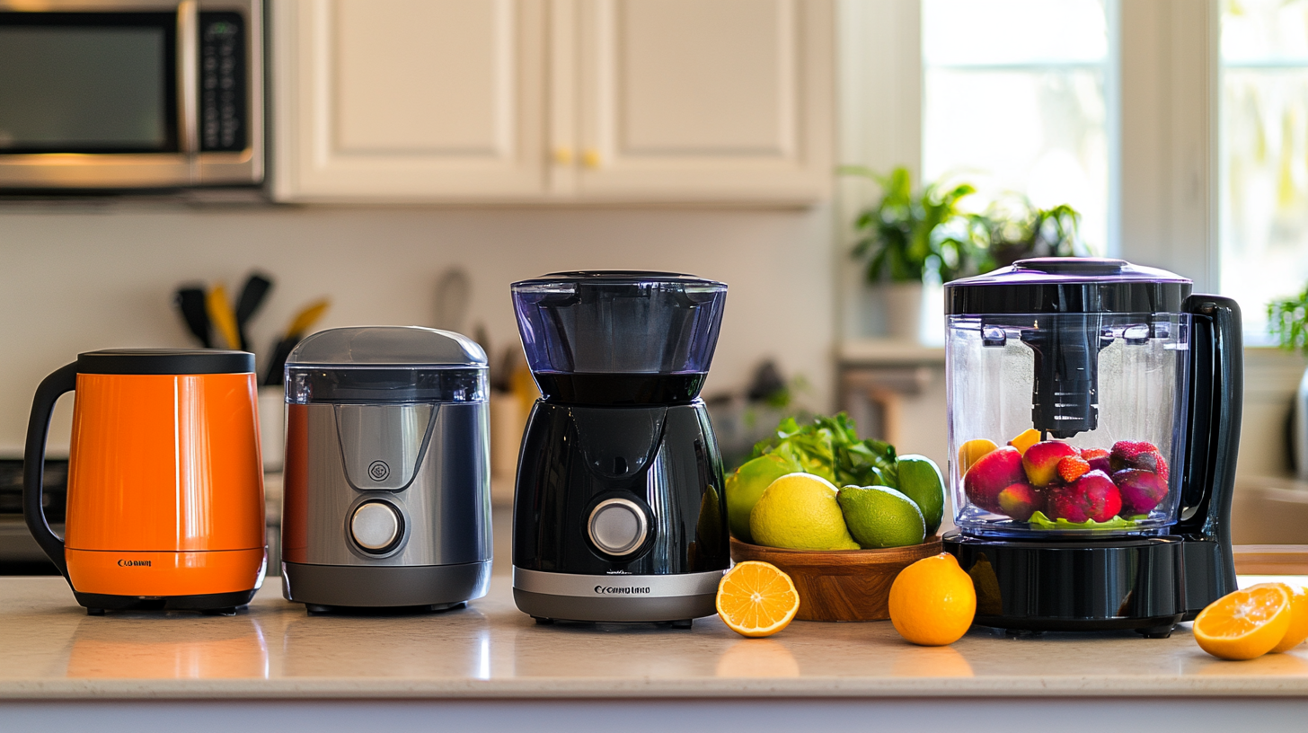 4 food processors sitting on a kitchen counter.