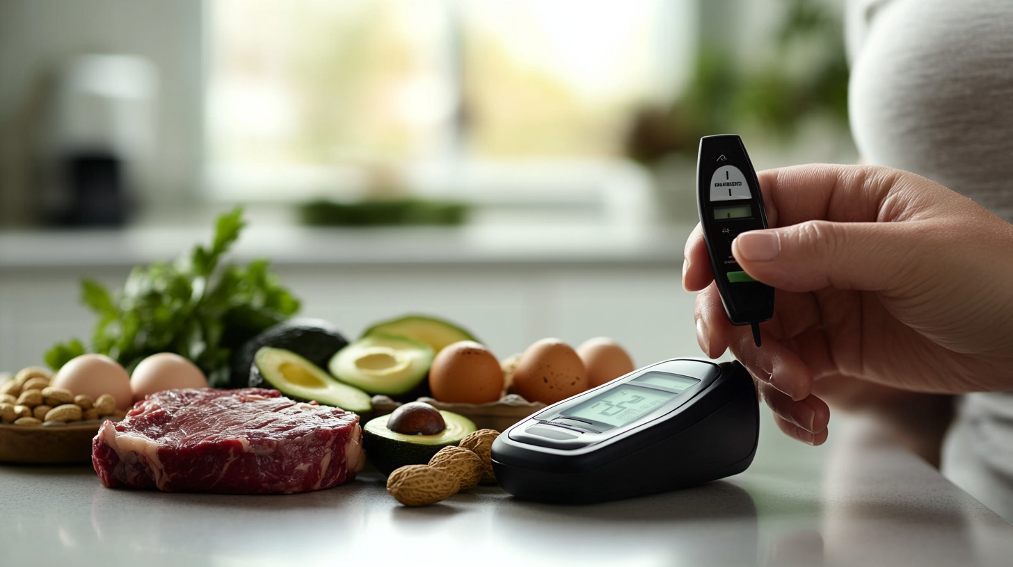 Person using glucometer in kitchen, healthy foods on the counter