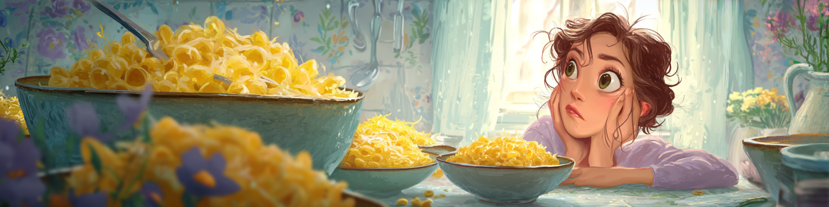 mac and cheese on keto banner, a woman sits at a table with many bowls of mac and cheese