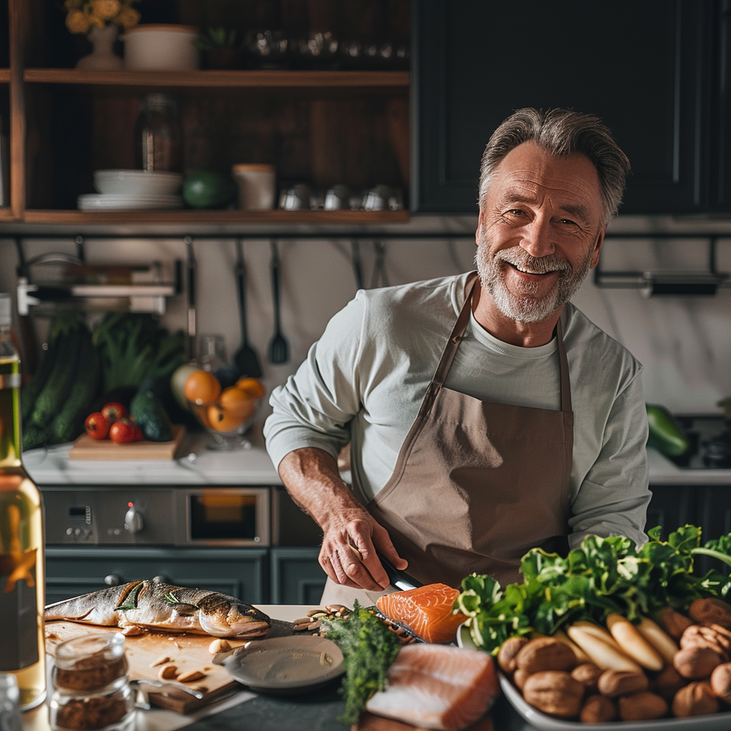 Healthy adult male, smiling, chopping vegetables in a kitchen, showing how Mental Health and Dieting go hand in hand.