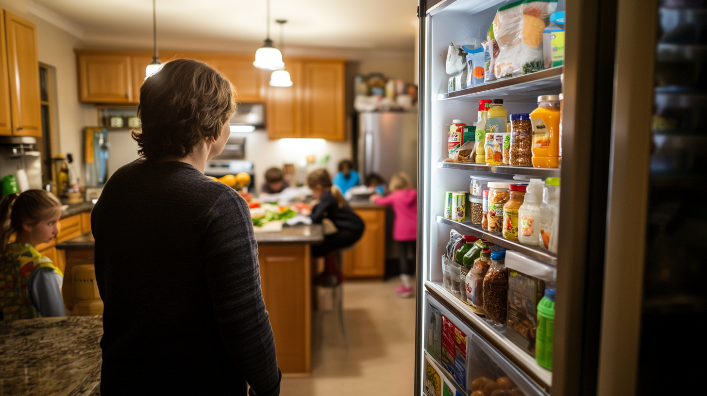 a parent looking into refrigerator, kids at table doing homework