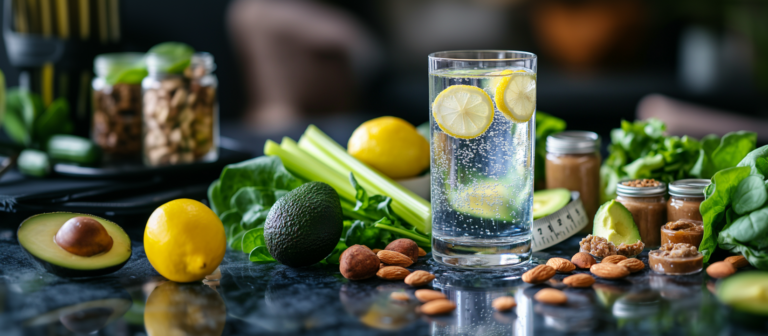 tall glass of lemon water on a table filled with keto-friendly foods