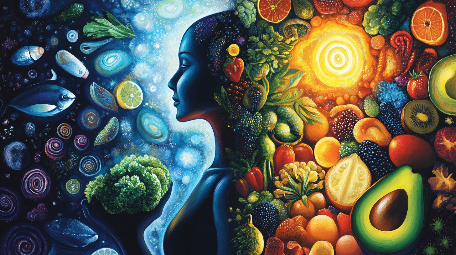 vibrant figure surrounded by food