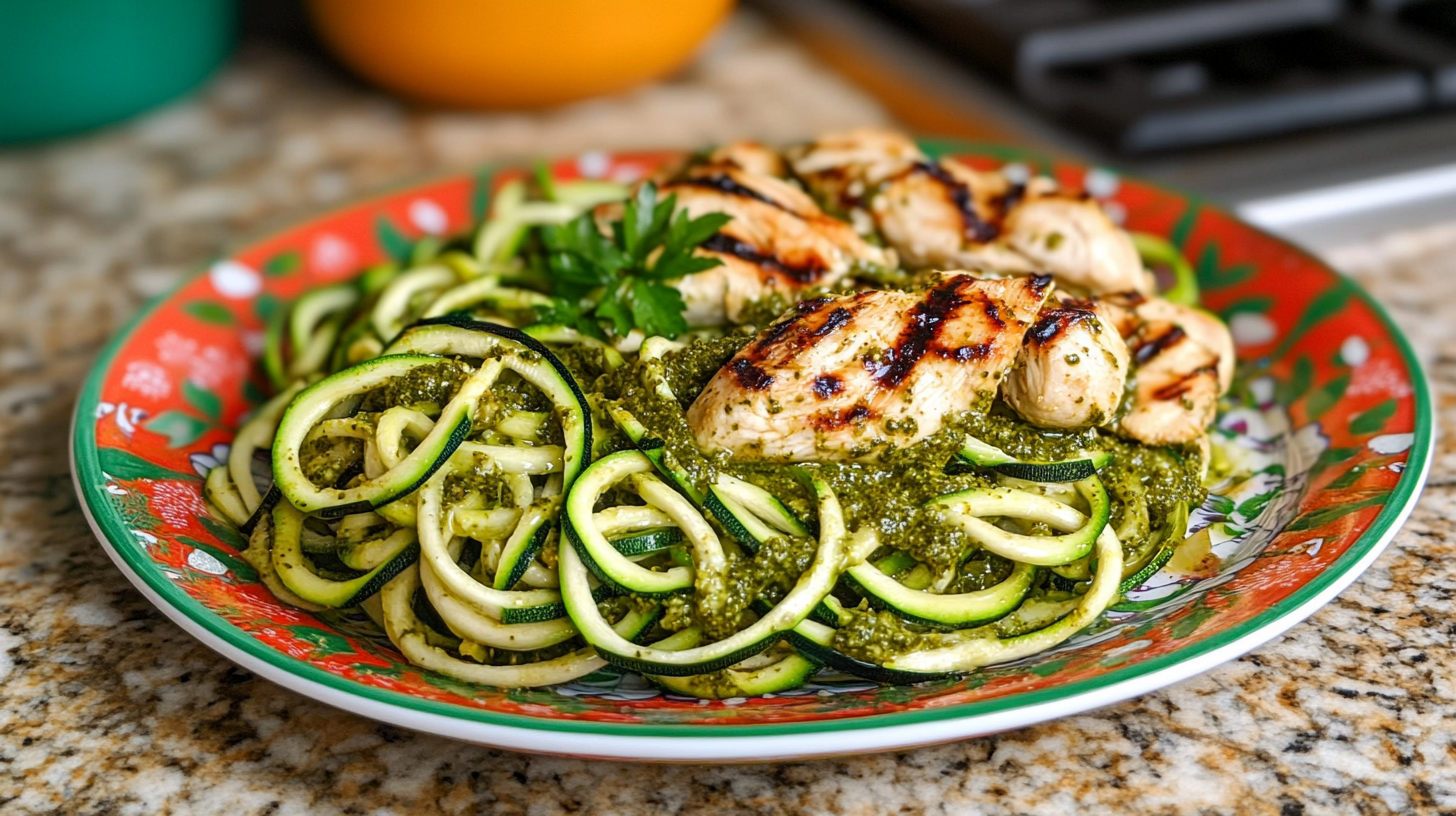 Zucchini Noodles (Zoodles) with Pesto and Grilled Chicken