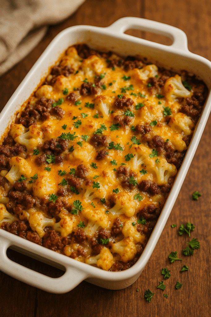 cheesy cauliflower beef bake on wooden table. low carb family meals on a budget