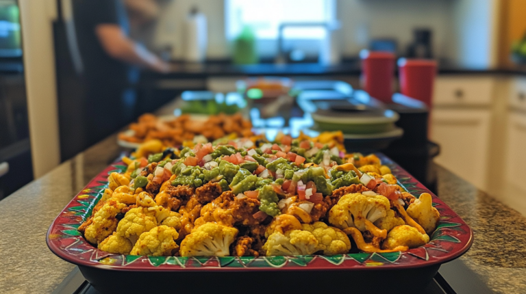 loaded cauliflower nachos on festive serving platter