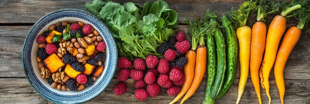 colorful vegetables, berries and nuts on a wooden table. Crave healthy foods