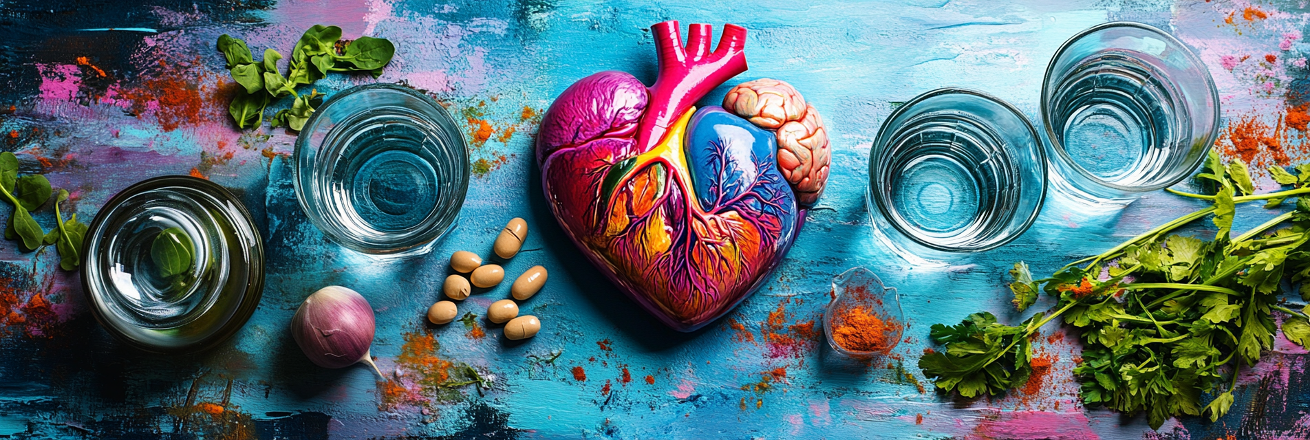 colorful infographic of human heart and healthy foods, water, increase metabolism