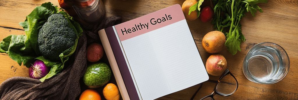 Healthy Goals Journal on table surrounded by vegetables. Choose Healthy foods!