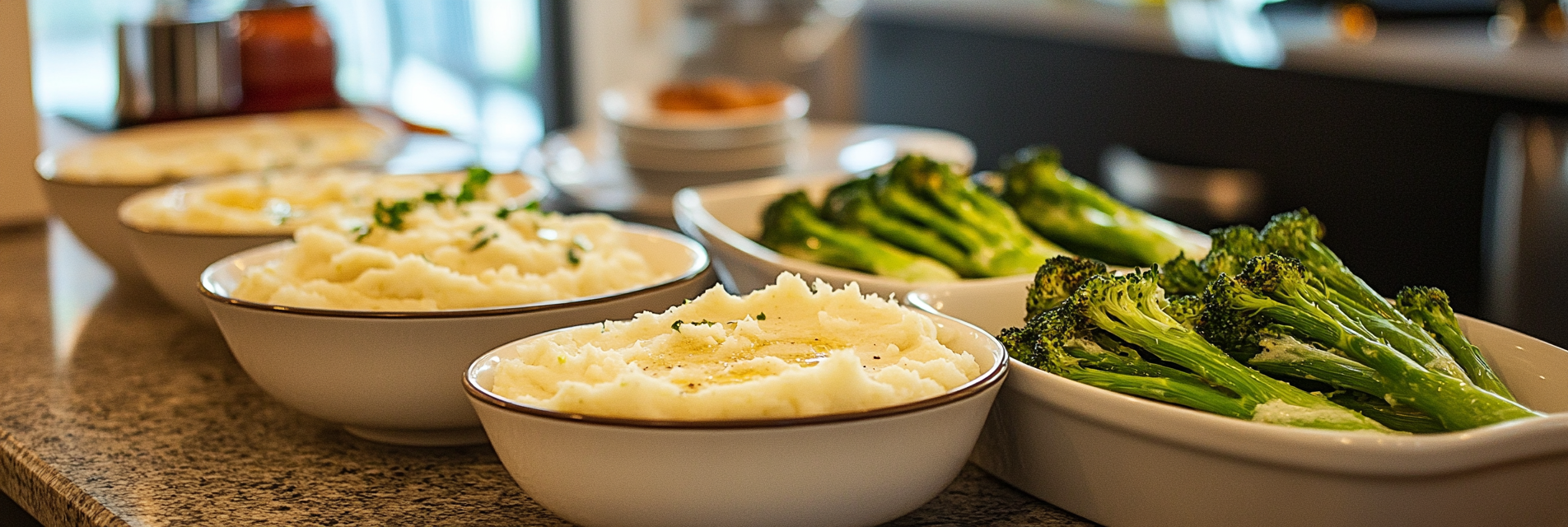 bowls of low carb potato replacements, mashed turnips, broccoli, radishes