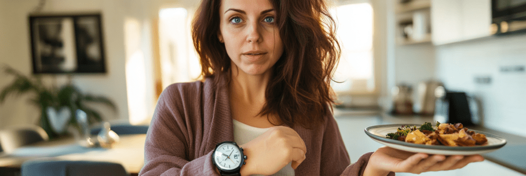 woman in kitchen holding keto-friendly plate of food, anxiously staring at her wristwatch, ready to break her fast.