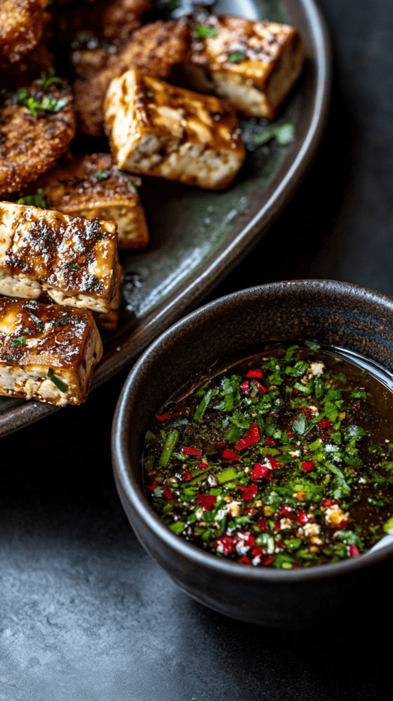 fried tofu sauce next to plate of fried tofu