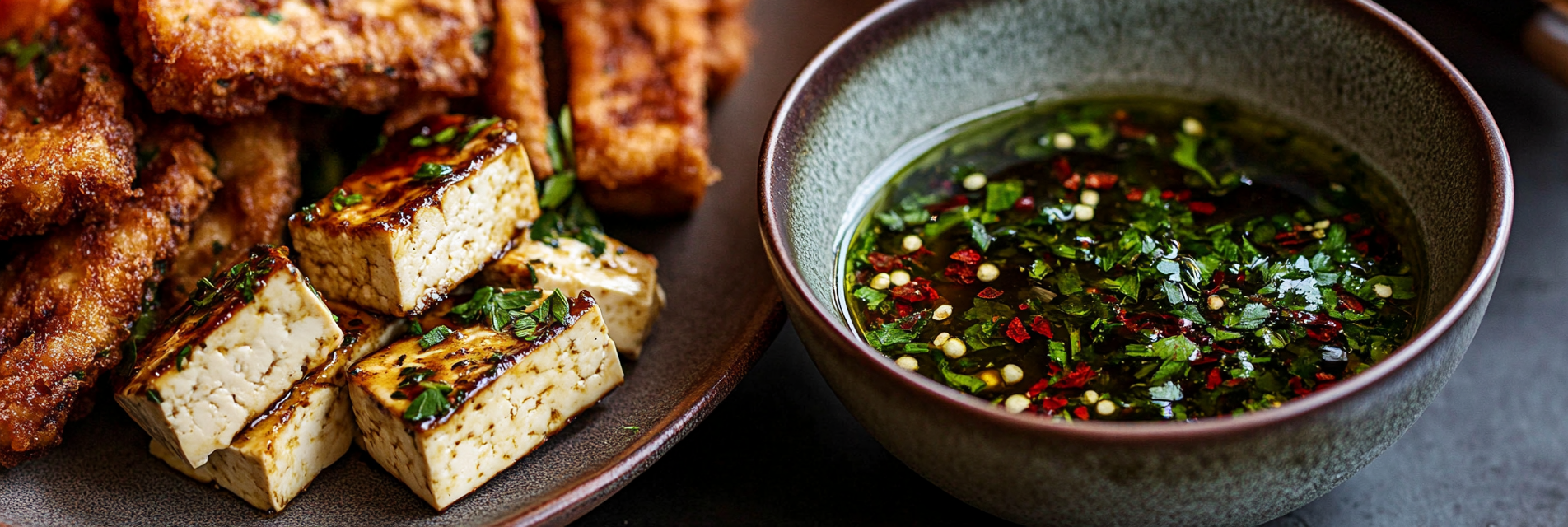 fried tofu sauce next to plate of fried tofu