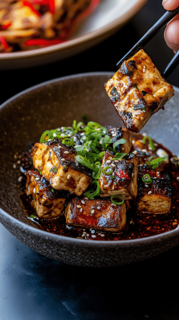 bowl of fried tofu in bowl of fried tofu sauce, Peanut-Ginger Tofu Sauce