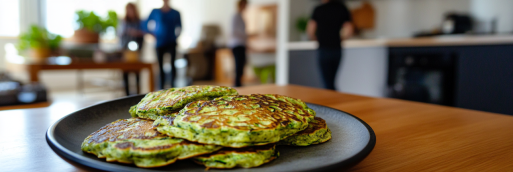 a photo of a plate of low carb zucchini pancakes on a well-appointed modern kitchen table