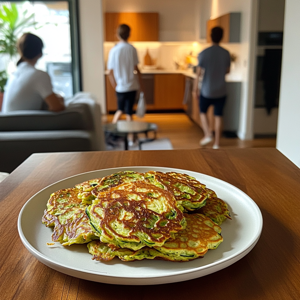 low carb zucchini pancakes on table in kitchen. Keto and Low Carb recipes