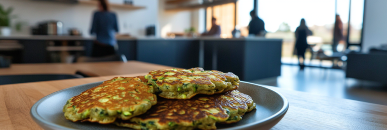 plate of zucchini pancakes on well-appointed modern kitchen table