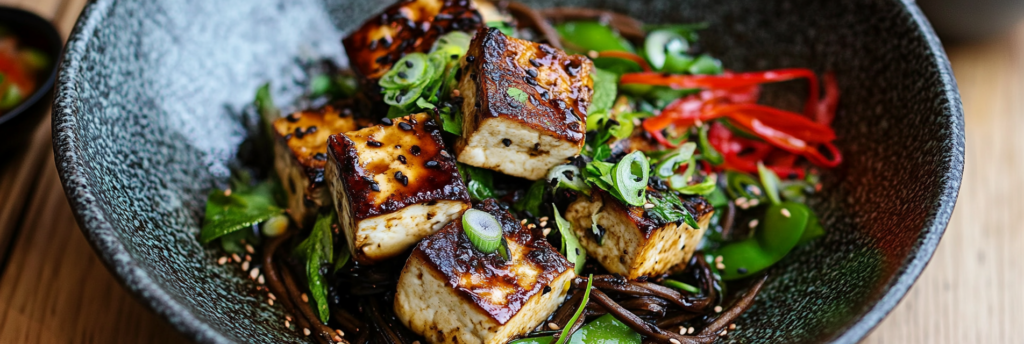 tofu, vegetables in wok