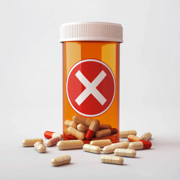 pills, prescription pill bottle with red X