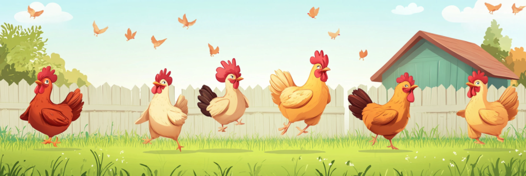 cartoon: happy chickens in a barnyard. protein-rich foods