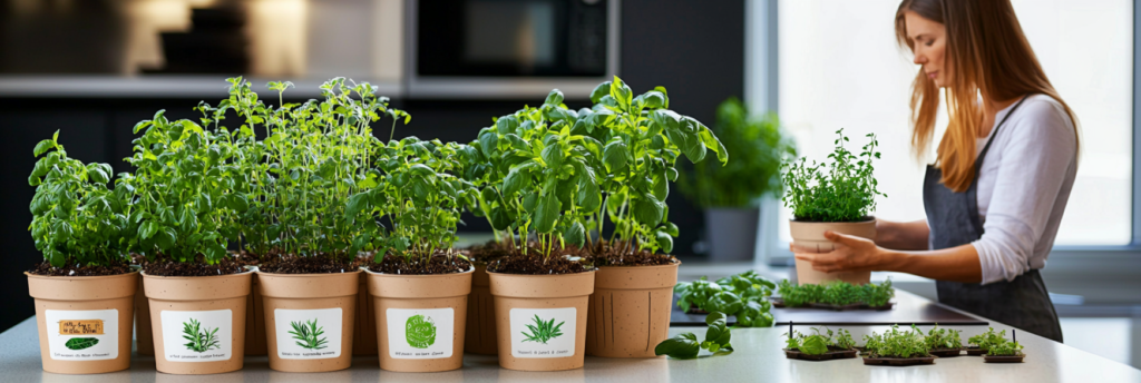 woman tending mini herb garden in kitchen