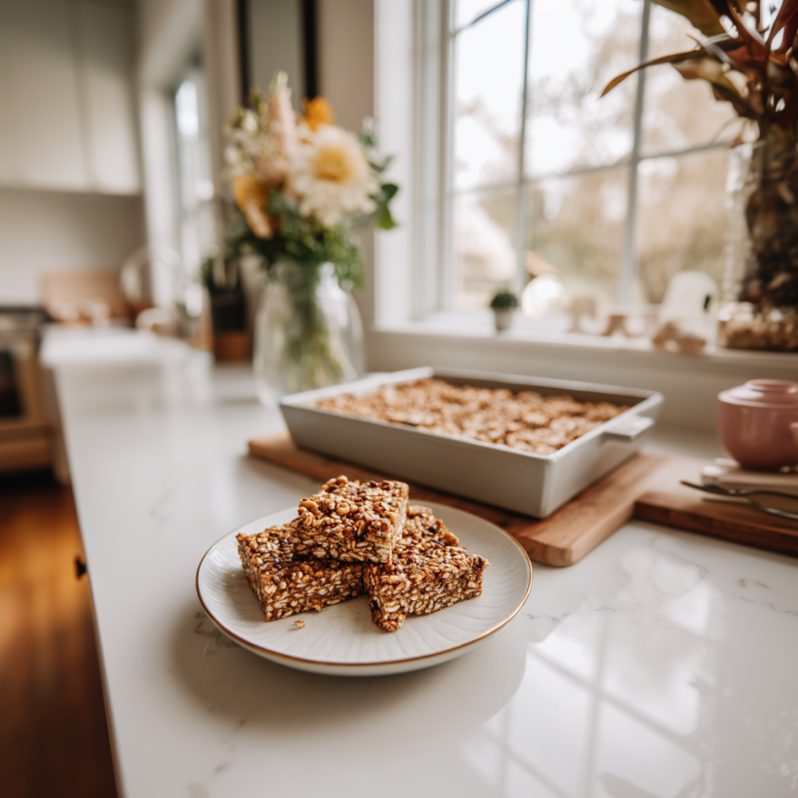 Nut Butter + Seed crunch bars on kitchen counter.