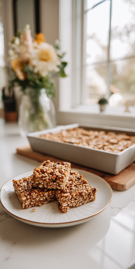 Nut Butter + Seed crunch bars on a kitchen counter.