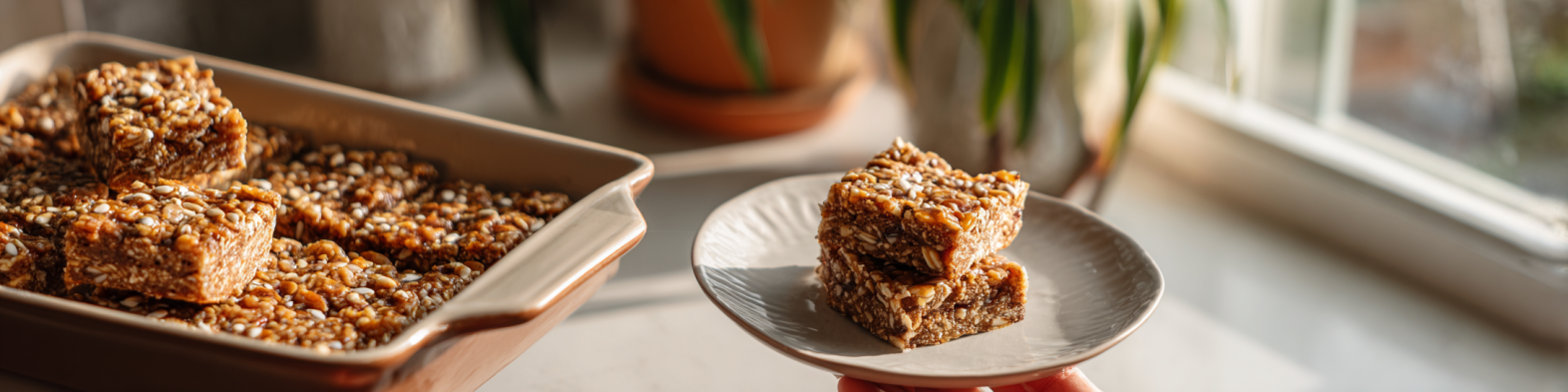 Nut Butter + Seed crunch bars on kitchen counter.