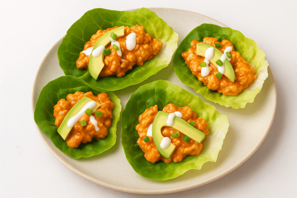 4 Buffalo Chicken Lettuce Wraps on a white plate