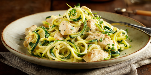 serving bowl of Chicken Alfredo Zoodles
